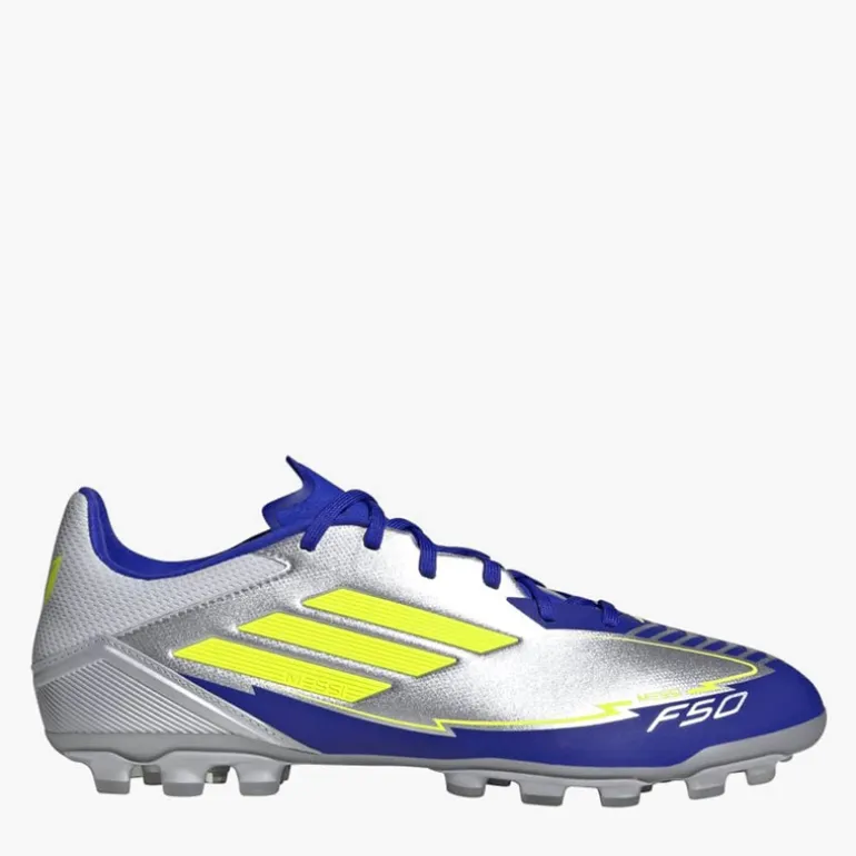 adidas Herren F50 Liga Messi La Vida Rapida AG Kunstrasen Fußballschuhe Silver Metallic/Solar Yellow/Lucid Blue