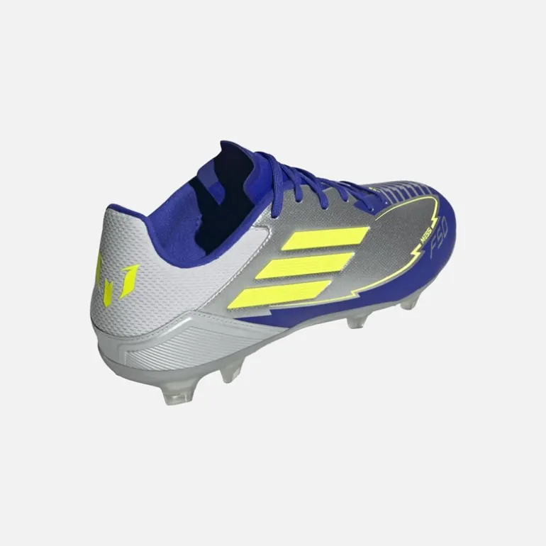 adidas Herren F50 Liga Messi La Vida Rapida Pack FG/MG Kunstrasen/Naturrasen Fußballschuhe Silver Metallic/Solar Yellow/Lucid Blue