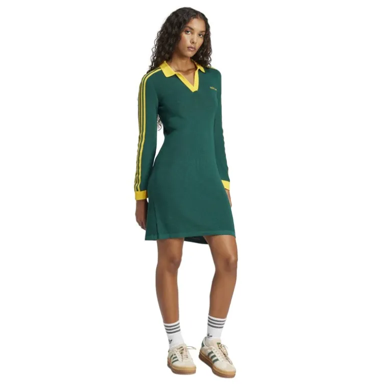 adidas Originals Damen Strick Poloshirt Kleid Collegiate Green/Cream Yellow