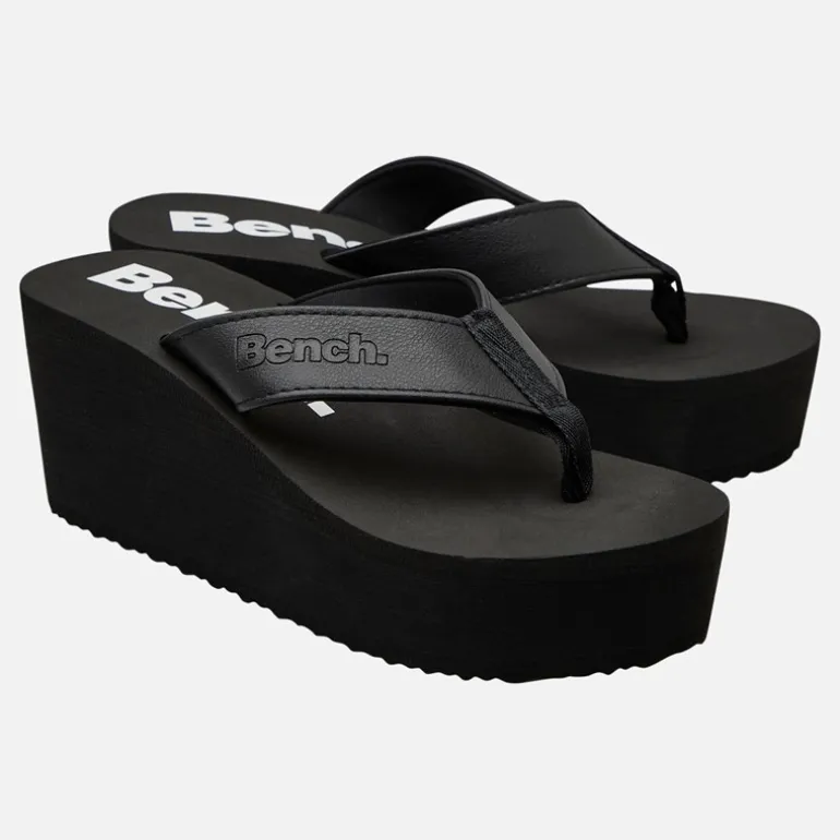 Bench Damen Urlaubs klobige Keil Zehentrenner Black Pu