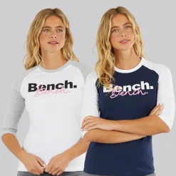 Bench Damen Zweierpack 3 / 4 Ärmel T - Shirts Weiß Marine