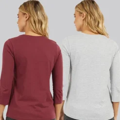 Bench Damen Zweierpack 3 / 4 Ärmel T - Shirts Cordovan Grau Meliert