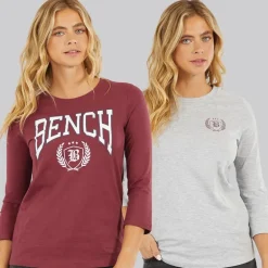 Bench Damen Zweierpack 3 / 4 Ärmel T - Shirts Cordovan Grau Meliert