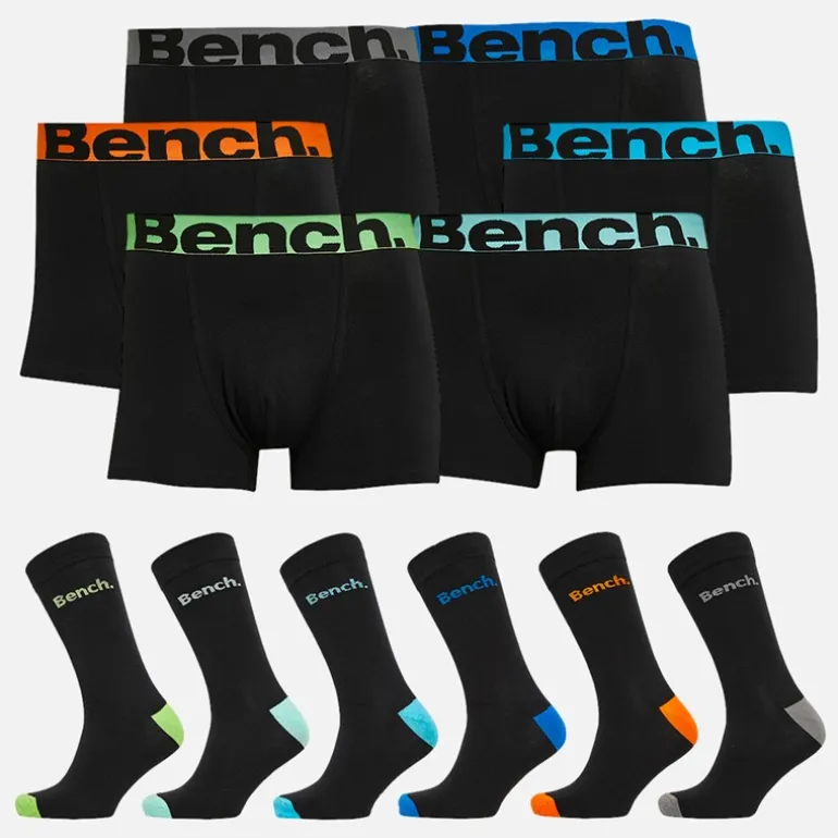 Bench Herren Halfdoz Six Pack Boxershorts und Six Pack Socken Geschenkset Schwarz