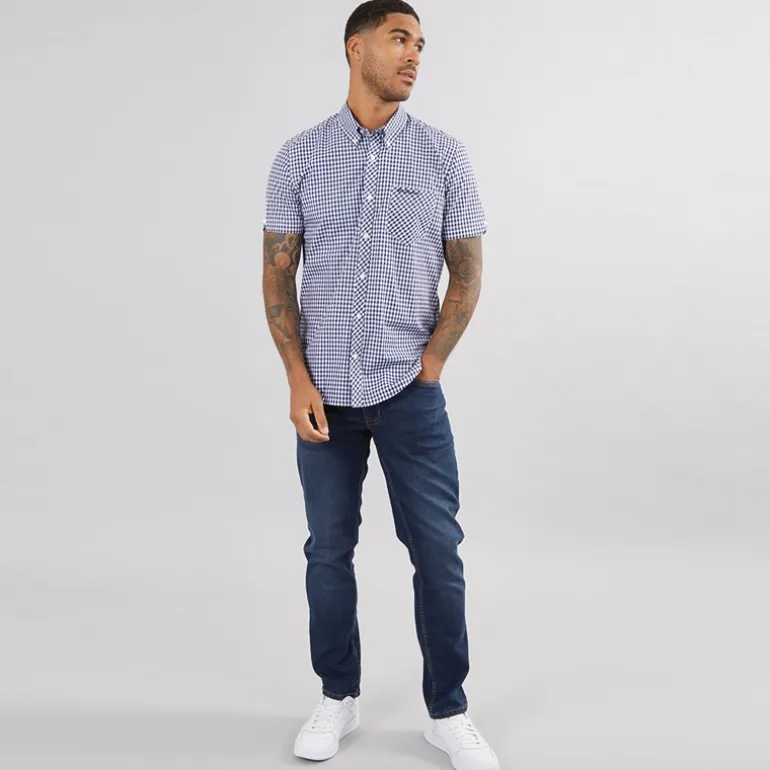 Ben Sherman Herren Hemd mit kurzem Arm Dunkelblau