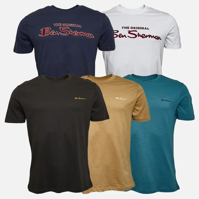 Ben Sherman Herren Mix Fünferpack T-Shirts Blaugrün / Stein / Schwarz / Weiß / Dunkel Marineblau