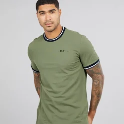 Ben Sherman Herren Pique Ringer T-Shirts Hellkhaki