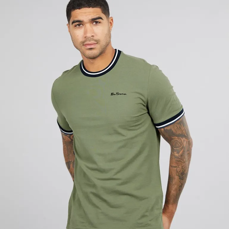 Ben Sherman Herren Pique Ringer T-Shirts Hellkhaki