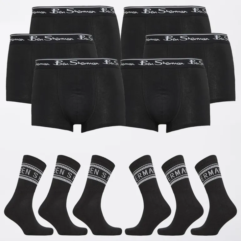 Ben Sherman Herren Sechserpack Boxershorts und Sechserpack Socken Geschenkset Schwarz