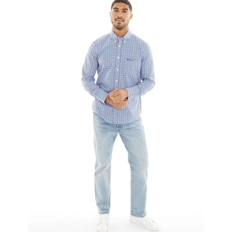 Ben Sherman Herren Three Gingham Hemd mit langem Arm Blau