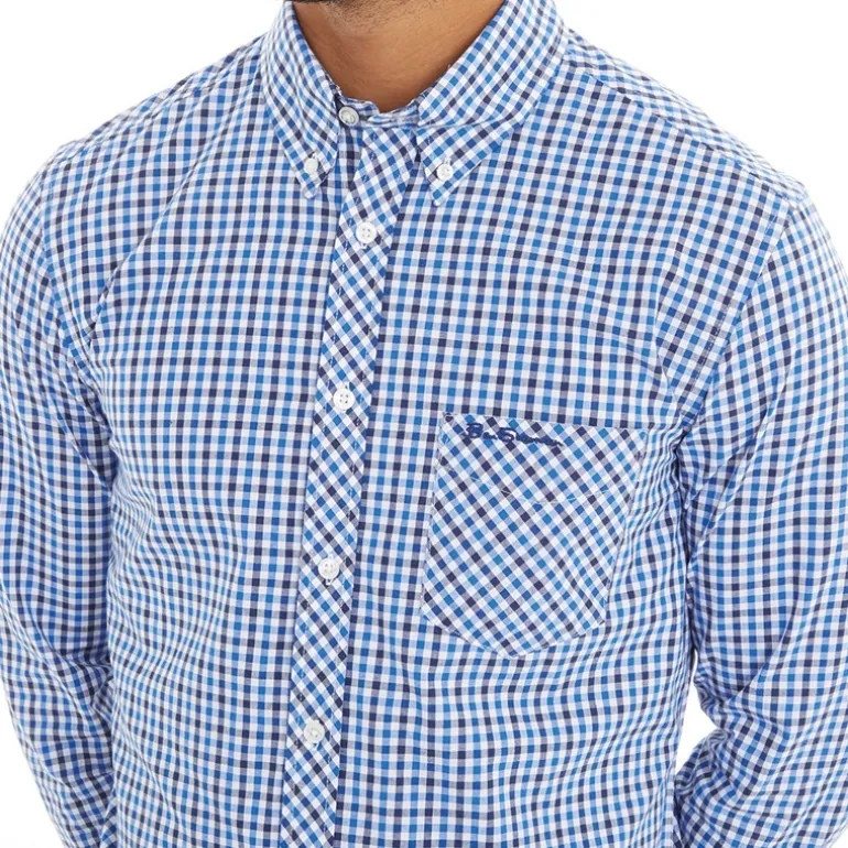 Ben Sherman Herren Three Gingham Hemd mit langem Arm Blau