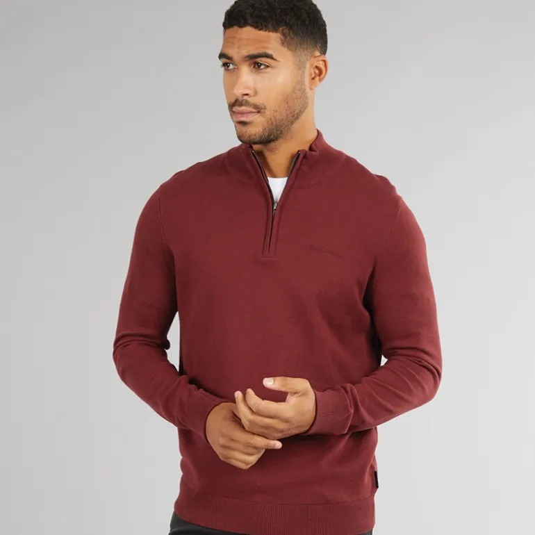 Ben Sherman Herren Viertel Reißverschluss Trichterkragen Pullover Weinrot