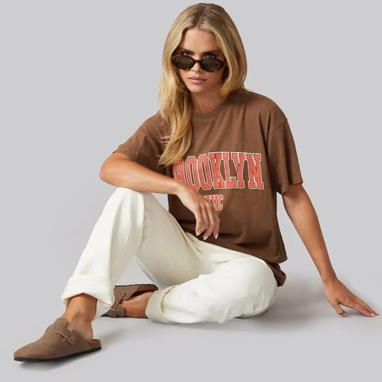 Brave Soul Damen Brooklyn T-Shirt Brown Acid Wash