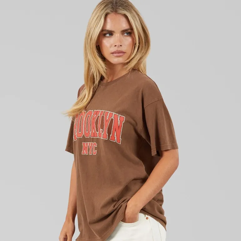 Brave Soul Damen Brooklyn T-Shirt Brown Acid Wash