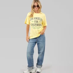 Brave Soul Damen Los Angeles T Shirt Butter Yellow/Navy/Grün