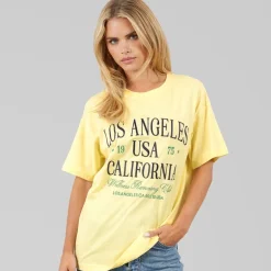 Brave Soul Damen Los Angeles T Shirt Butter Yellow/Navy/Grün