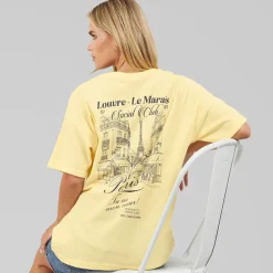Brave Soul Damen Louvre T Shirt Gelb/Blue Body/Print
