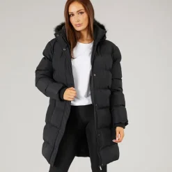 Closure London Damen Lang geschnittenen Kunstpelz Parka mit Kapuze Schwarz