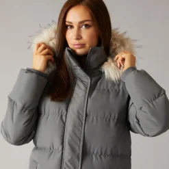 Closure London Damen Longline Kunstfell Parka Mit Kapuze Schiefergrau