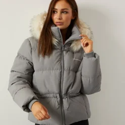Closure London Damen verstellbare Taille Puffer mit Kunstpelz Kapuze Charcoal