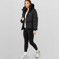 Closure London Damen verstellbare Taille Puffer mit Kunstpelz Kapuze Schwarz