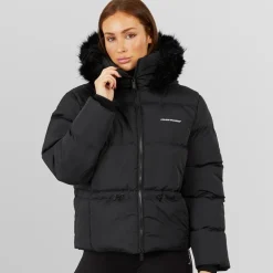 Closure London Damen verstellbare Taille Puffer mit Kunstpelz Kapuze Schwarz