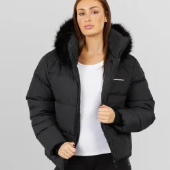 Closure London Damen verstellbare Taille Puffer mit Kunstpelz Kapuze Schwarz