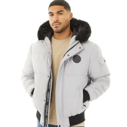 Closure London Herren Pelz Kapuze Kurz Steppjacke Eis Grau