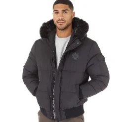 Closure London Herren Pelz Kapuze Steppjacke Schwarz