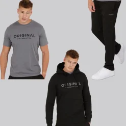 Crosshatch Herren Chemberry Hoodie T-Shirt und Jogginghose mit offenem Saum Set Schwarz / Anthrazit