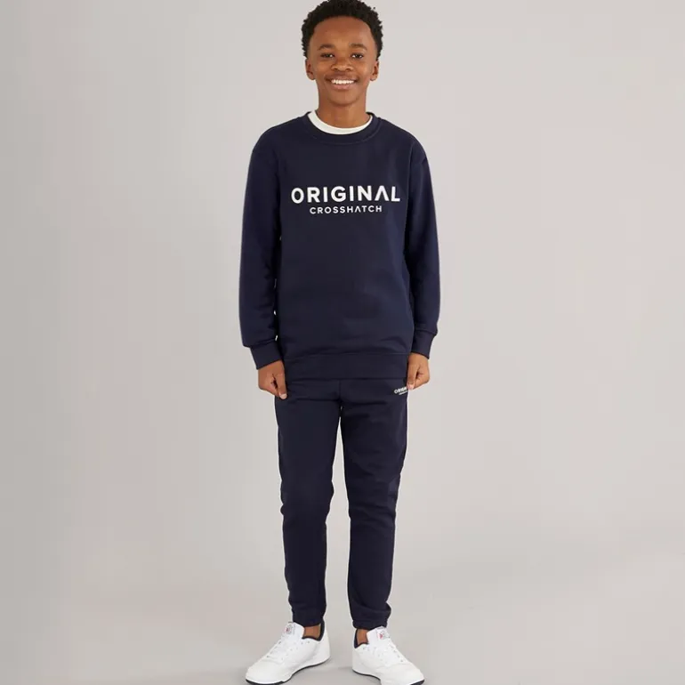 Crosshatch Junge Vier Teile Hoodie Sweatshirt T Shirt und Jogginghose Set Marineblau/Creme