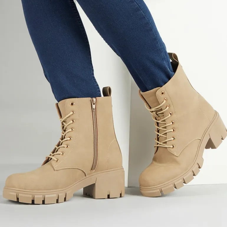 French Connection Damen Klobige Schnürstiefel Stein