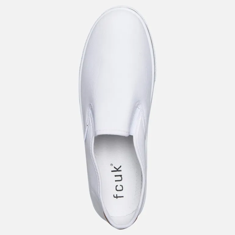 French Connection Herren FCUK Deck Slip On Canvas Sneaker Weiss/Tan At Heel