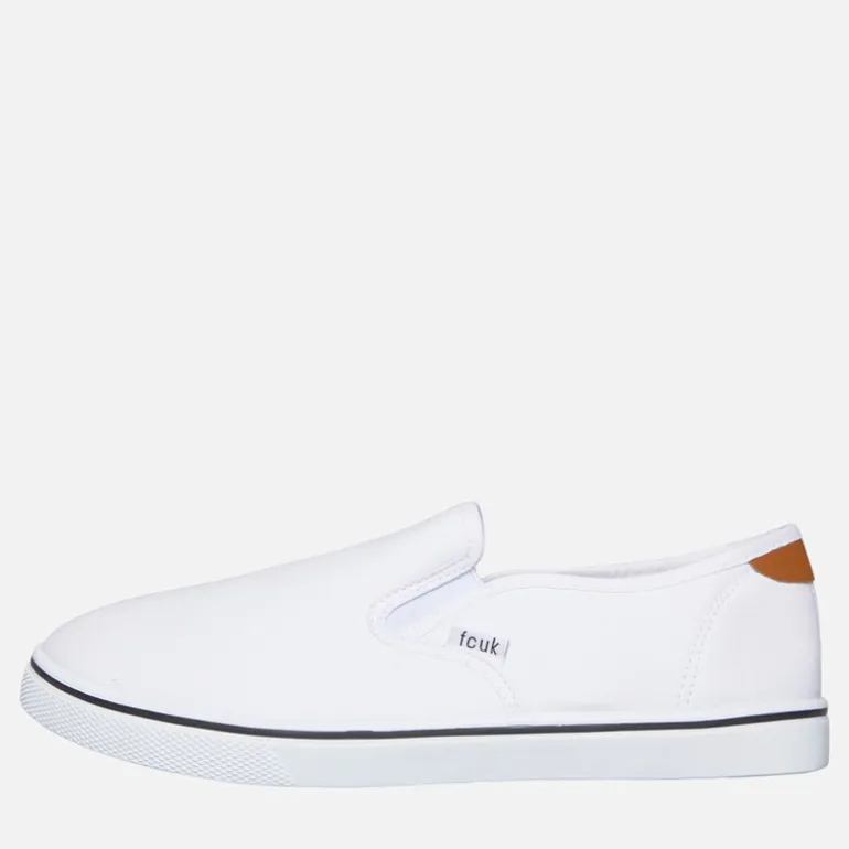 French Connection Herren FCUK Deck Slip On Canvas Sneaker Weiss/Tan At Heel