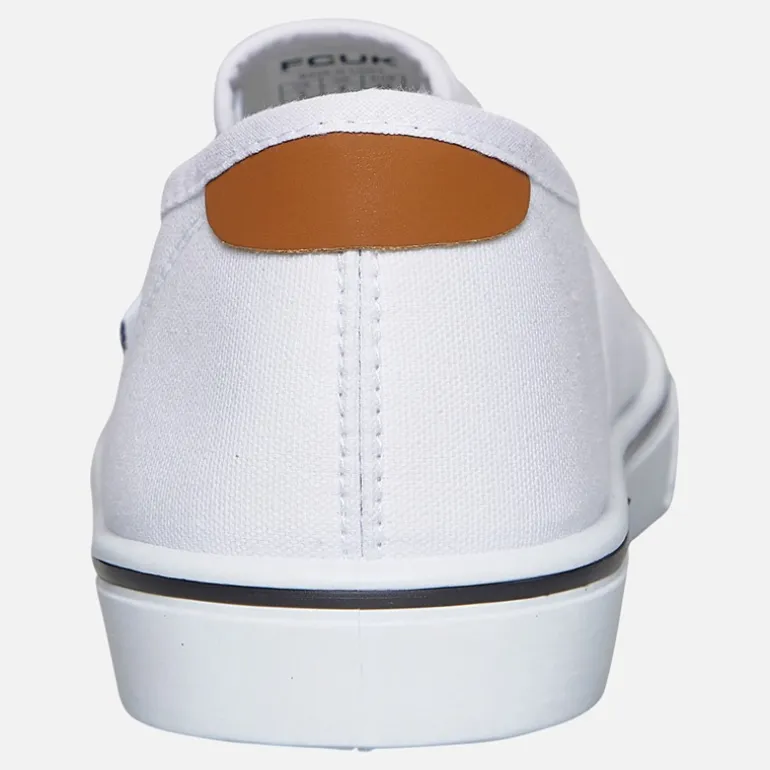 French Connection Herren FCUK Deck Slip On Canvas Sneaker Weiss/Tan At Heel