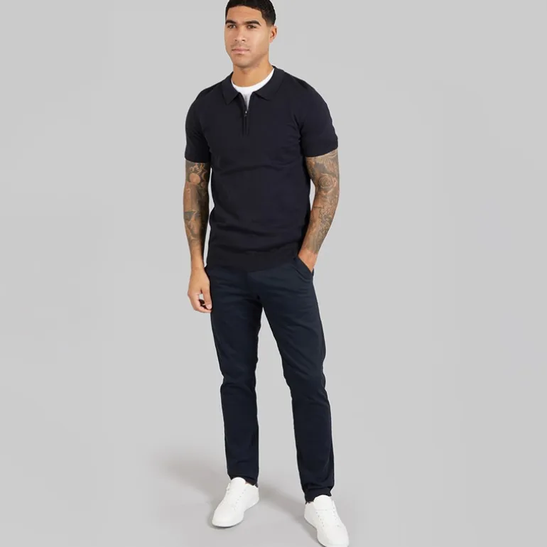French Connection Herren Kurzarm Baumwolle Reißverschluss Strick Polo Hemd Marine