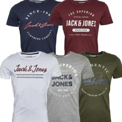 JACK & JONES 5er Pack T-Shirts mit Rundhalsausschnitt Herren Oliv Nacht/Weiß/Hellgrau Melange/Marineblau Blazer