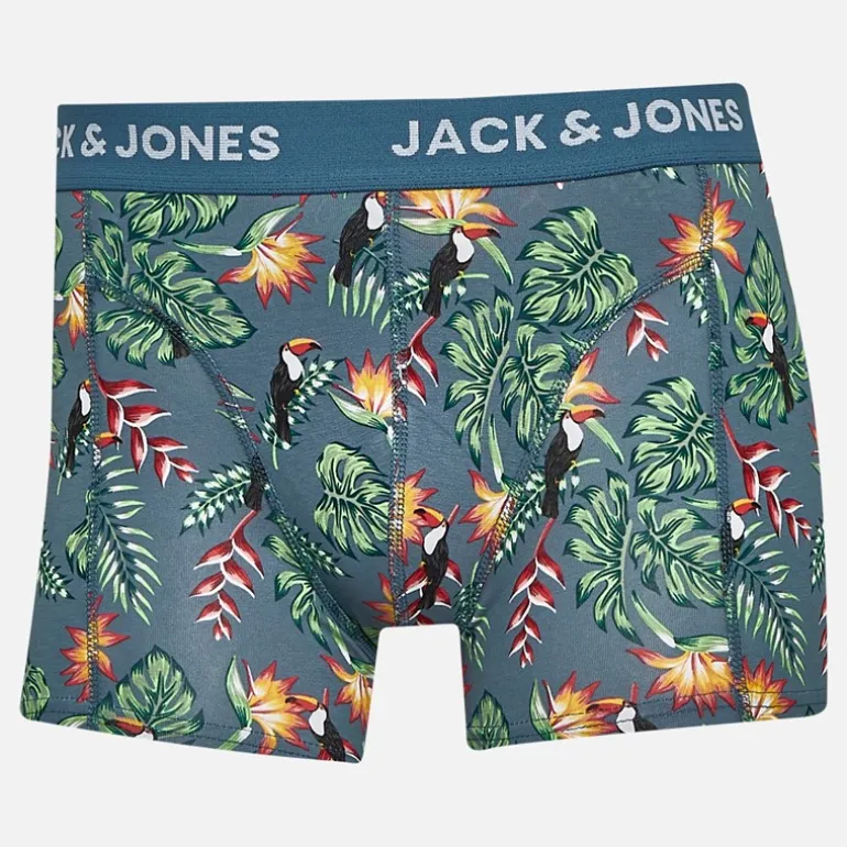 JACK & JONES Herren Blumen Vogel Drei Pack Boxer Slips Chambray Blue/Oceanview/Oceanview