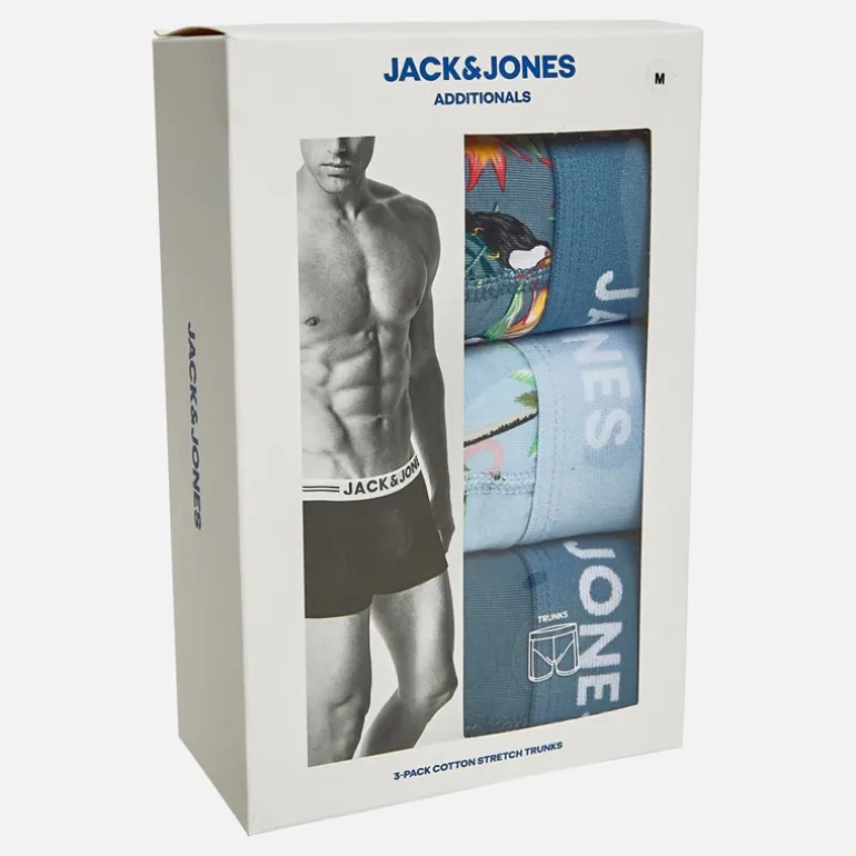 JACK & JONES Herren Blumen Vogel Drei Pack Boxer Slips Chambray Blue/Oceanview/Oceanview