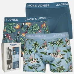 JACK & JONES Herren Blumen Vogel Drei Pack Boxer Slips Chambray Blue/Oceanview/Oceanview