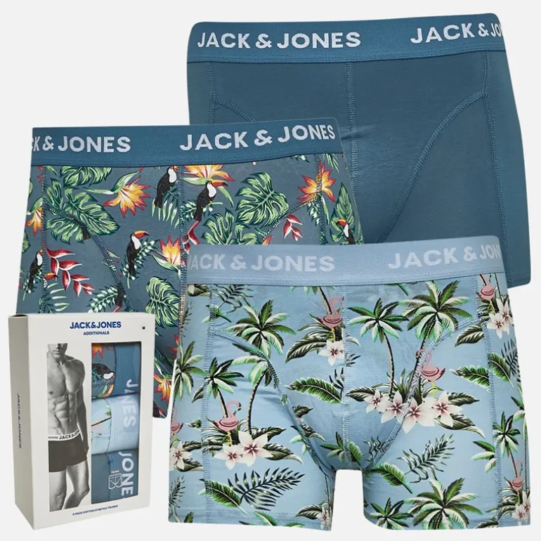 JACK & JONES Herren Blumen Vogel Drei Pack Boxer Slips Chambray Blue/Oceanview/Oceanview