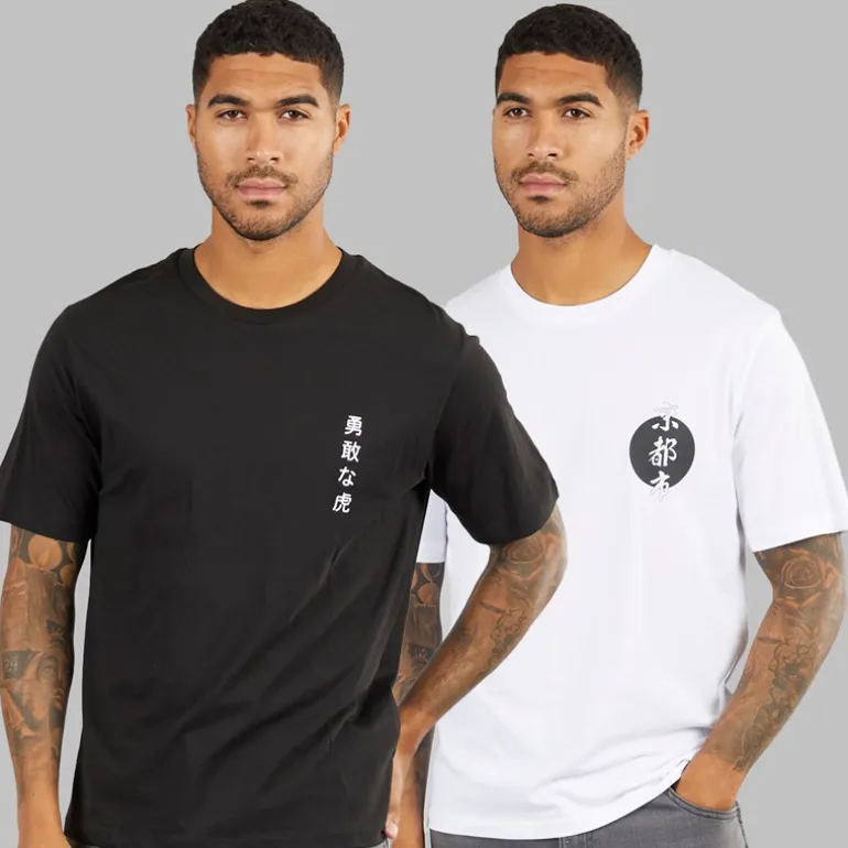 JACK & JONES Herren Lockerer Schnitt Rücken Druck 2er-Pack T-Shirts Schwarz / Weiß