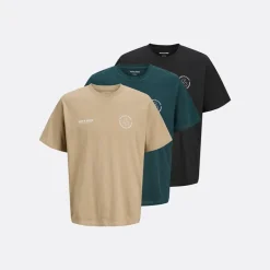 JACK & JONES Herren Vesterbro Sport Drei er Pack Locker Sitzende T-Shirts Insignia Blau / Silber Salbei / Magischer Wald