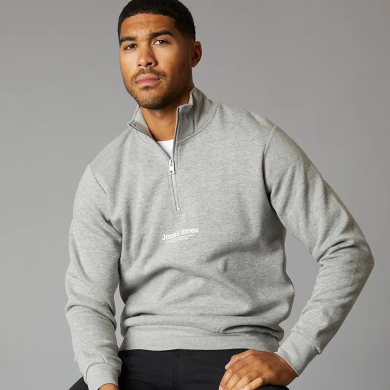 JACK & JONES Herren Vesterbro 1/4 Zip Sweatshirt Hell Grau Meliert/Schwarz