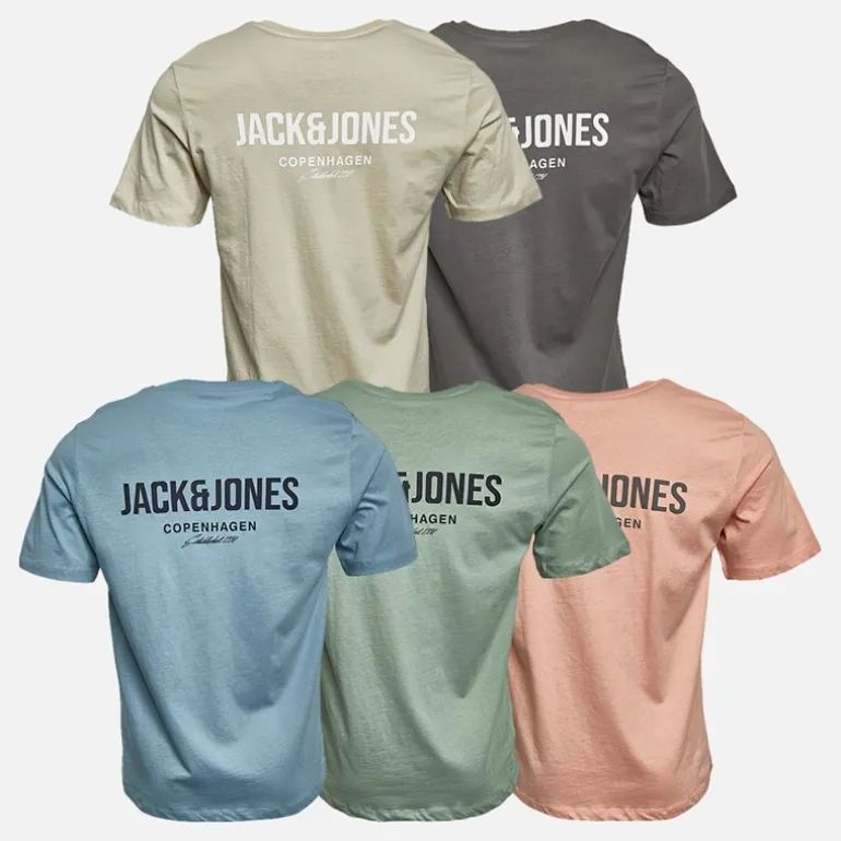 JACK & JONES T-Shirts Herren Jeff Orion Fünfer Pack Mondlicht/Burgfels/Bergquelle/Korallen Mandel/Eisberg Grün