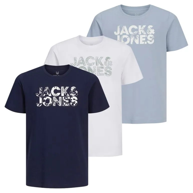 JACK & JONES T-Shirts Junge mit Blumenmuster 3er-Pack Weiß/Ashley Blau/Marineblau