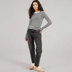 JJXX Damen Celine Gigi Langarm T Shirt Schwarz gestreift Vanille Eis Blackstripes:Vanilla Ice