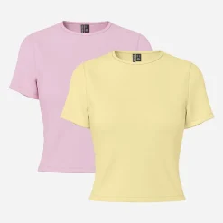 Pieces Damen Amira Zwei Pack T Shirts Rosa/Gelb