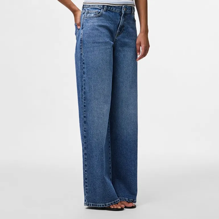 Pieces Damen Selma Weit Bein Jeans Medium Blue Denim