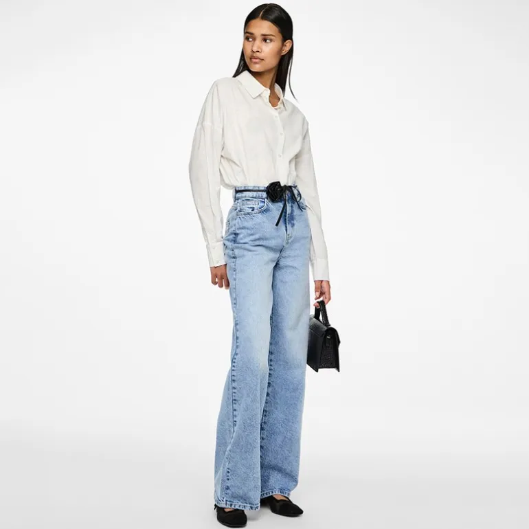 Pieces Damen Selma Weit Bein Jeans Light Blue Denim